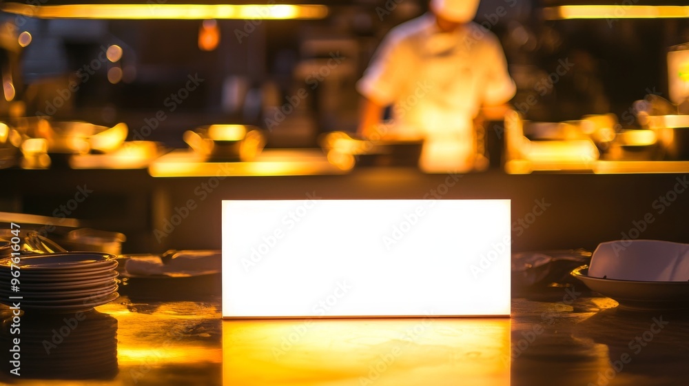 Poster on a cafeteria counter, a chef is cooking in a background with a menu frame painted on a table in a 