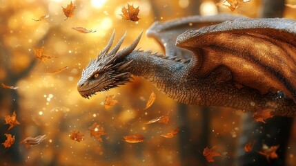 Majestic Dragon Soaring Over Autumn Forest with Shimmering Scales in Sunlight - Fantasy Creature in Flight
