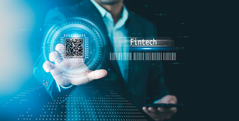 Fintech financial technology, QR code scan for website, Digital banking network, internet payment, online shopping, payment via mobile banking apps, business on virtual screen cybersecurity
