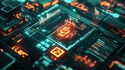 Obraz premium Futuristic circuit board close-up showcasing glowing components and intricate designs with vibrant colors.