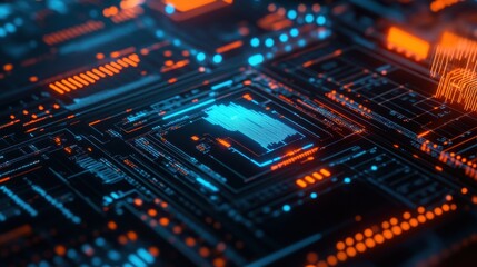 Obraz premium Futuristic circuit board design with glowing orange and blue elements, ideal for technology and digital concepts.