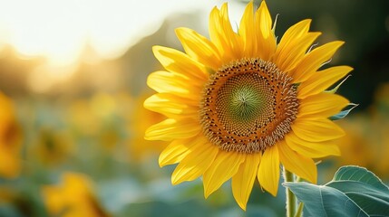 Fototapeta premium A close-up of a sunflower, with its bright yellow petals and textured center, standing tall against a clear sky
