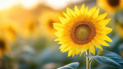 Fototapeta premium A close-up of a sunflower, with its bright yellow petals and textured center, standing tall against a clear sky