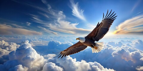 Fototapeta premium An eagle soaring gracefully above fluffy white clouds in a clear blue sky, freedom, majestic, nature, bird, flight, wings
