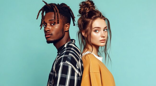 Un homme africain avec des dreadlocks et coiff&eacute; en chignon, debout, &agrave; c&ocirc;t&eacute; d'une belle femme blanche avec une longue queue de cheval brune en d&eacute;sordre, isol&eacute; sur un fond vert, concept de mode.