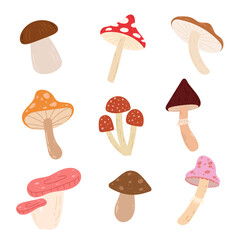 Hand drawn mushroom set. Autumn vibes, forest, food. Vector simple flat design isolated on white background	