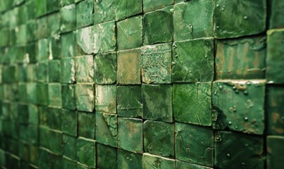 A close-up shot of a green tiled wall with a textured surface and intricate design 
