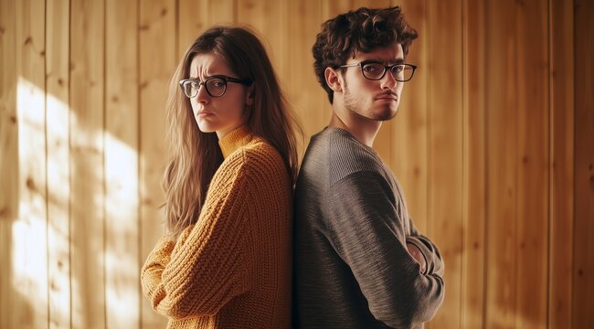 Concept de divorce et de s&eacute;paration d'un couple, une femme et un homme en col&egrave;re, debout dos &agrave; dos, portant des lunettes sur un fond de mur en bois dans une maison.