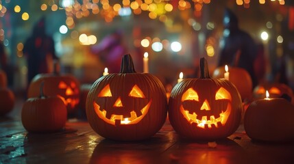 A close-up of a pumpkin wearing a black and gold masquerade mask, with intricate feather details, glowing from within