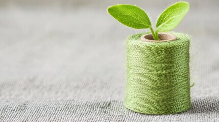 Sustainable fashion, depicting a leaf atop a green yarn cone against a green background, symbolizing sustainability.