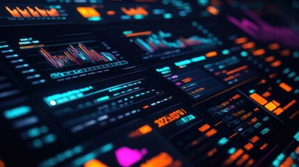 Obraz premium Futuristic data dashboard displaying vibrant statistics, charts, and analytics in a digital interface.