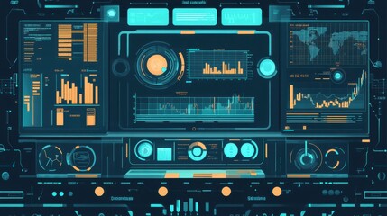Futuristic data dashboard featuring graphs, charts, and metrics for analytical insights and technology overview.