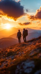 Fototapeta premium A couple hiking on the top of a mountain, with the sunrise in the background