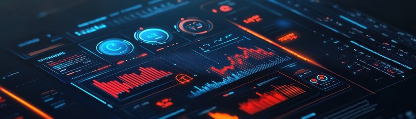 Obraz premium Futuristic data visualization interface featuring graphs, charts, and metrics for advanced analytics.