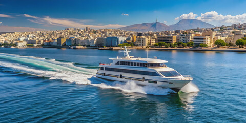 Obraz premium High speed catamaran sailing in the port of Piraeus, Athens, Greece on a sunny day , high speed, catamaran, boat