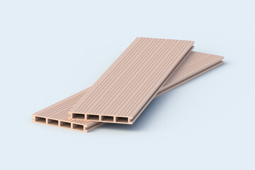 Two decking boards on gray background. Building materials. Siding planks. Modern composite panel for terrace. Home renovation. 3d render
