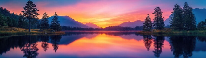 Fototapeta premium A colorful sunset reflected in a calm lake, with silhouettes of trees and mountains in the distance