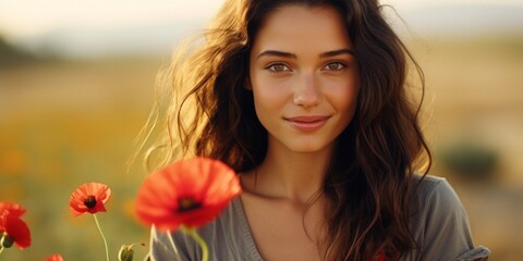 Naklejka premium Young woman in a vintage dress holding a red poppy flower up to her face in a vibrant field of poppies. Generative AI.