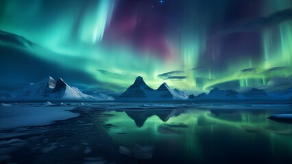 Enchanting Aurora Borealis Over Arctic Peaks: A Stunning Night Sky Display