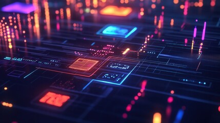 Fototapeta premium Futuristic digital circuit board with glowing lights, showcasing technology and innovation in a vibrant design.