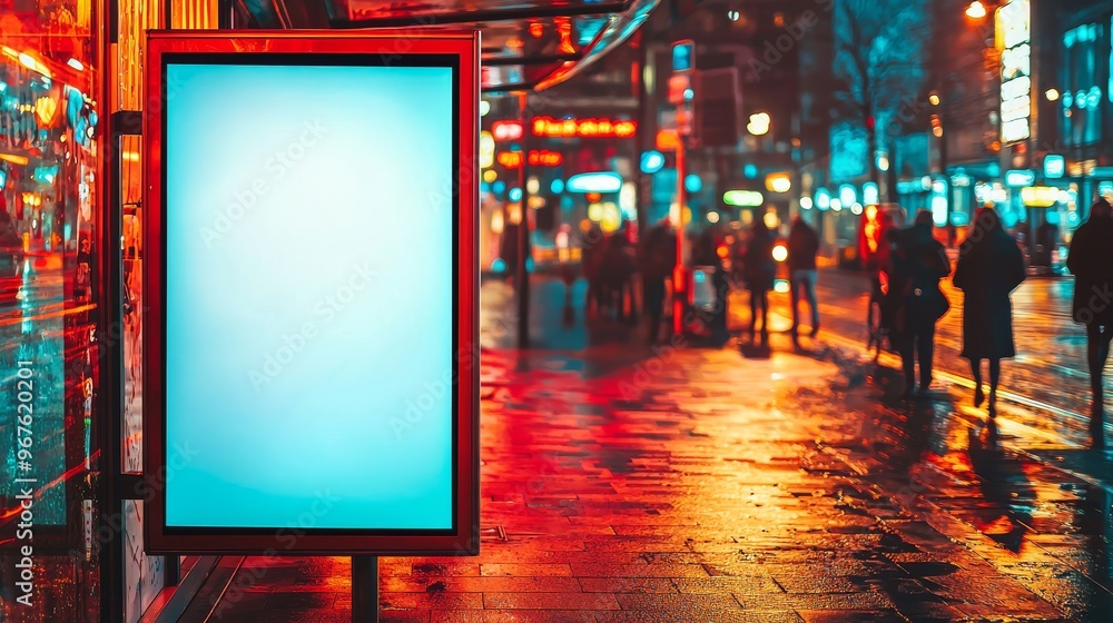 Poster the stock image shows a blank white mock-up of a vertical light box in a bus stop at night.