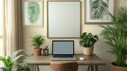 Cozy Home Office with Wooden Desk, Laptop, and Green Plants in Natural Light
