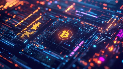 Obraz premium Futuristic digital design featuring a glowing Bitcoin symbol amidst vibrant neon circuitry and data visualization elements.