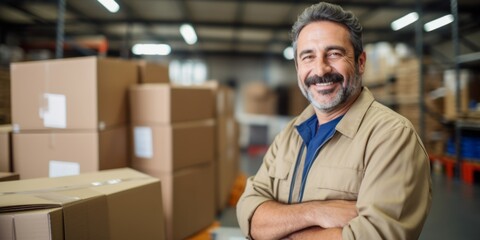 A middle-aged man working in a warehouse sending parcels with boxes. Generative AI.