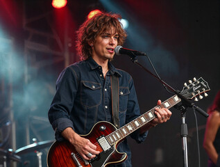 Obraz premium Under the vibrant lights of an outdoor festival, a talented musician engages the crowd with a passionate guitar solo, showcasing skill and charisma as the sun begins to set