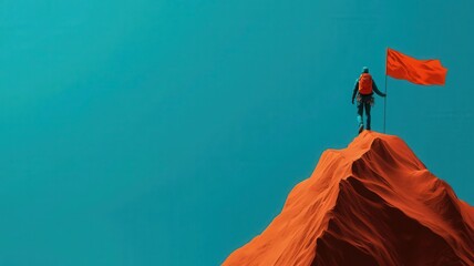 Motivational mountain, climber reaching peak with glowing flag, 3D illustration