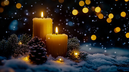 Two candles are lit on a snowy ground with pine cones.