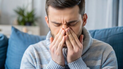 Man holding his nose in pain, suffering from sinus congestion