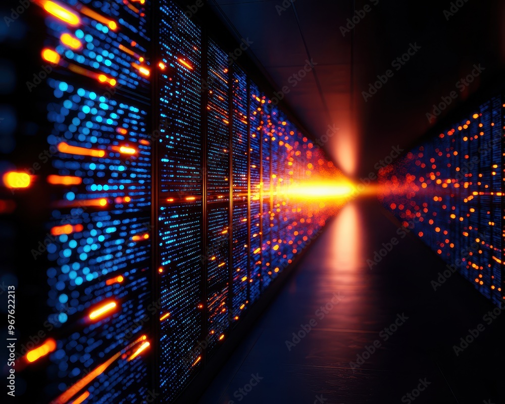 Aufkleber A futuristic data center corridor with bright, colorful LED lights, showcasing advanced technology and high-speed data transfer.