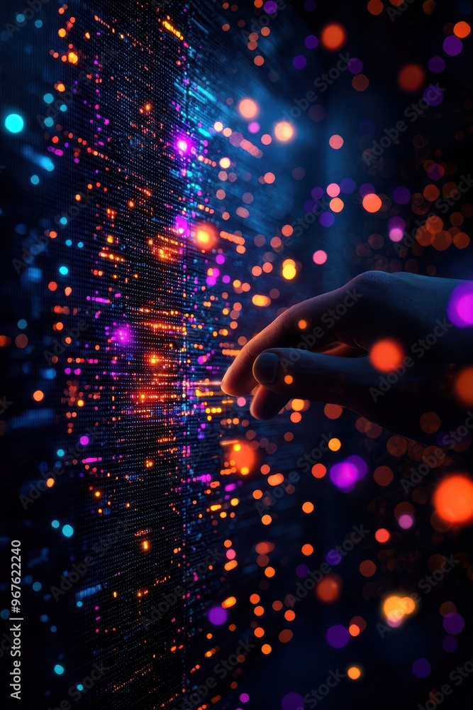 Poster a hand reaching out to touch vibrant, colorful data streams, representing technology, digital intera