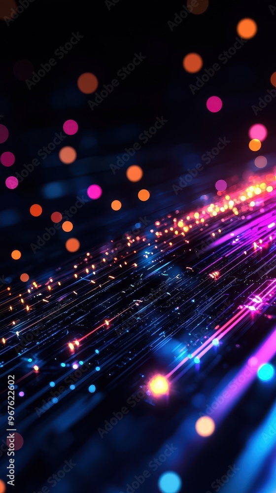 Fototapete A vibrant abstract digital background with glowing neon lines and bokeh lights, creating a futuristic and dynamic visual effect.