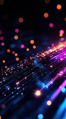 Obraz premium A vibrant abstract digital background with glowing neon lines and bokeh lights, creating a futuristic and dynamic visual effect.