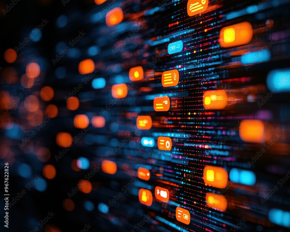 Aufkleber abstract digital data flow with vibrant blue and orange binary code. futuristic technology backgroun