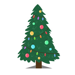 Christmas tree with ornament decoration. Spruce tree, fir, pine. Vector simple design isolated on white background