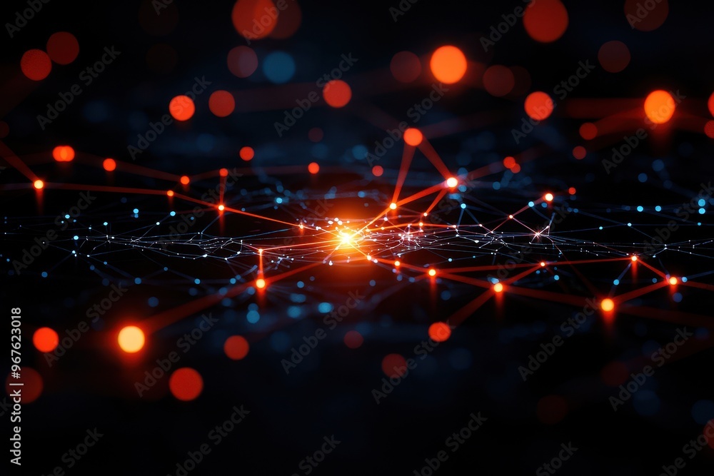 Poster abstract digital network visualization with glowing connection nodes and vibrant lights on a dark ba
