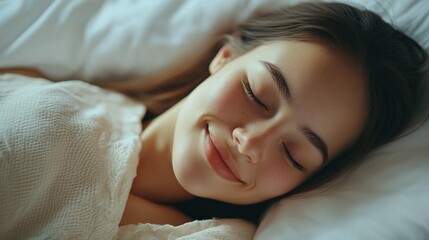 Obraz premium beautiful woman sleeping and snoring peacefully in bed at home during a restful night with cozy bedding and comfort