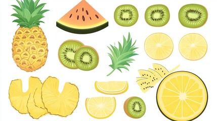 A high-class design of assorted whole and sliced fruits like watermelon, pineapple, kiwi, and papaya, each with a polished, sticker-style appearance, isolated on a white background