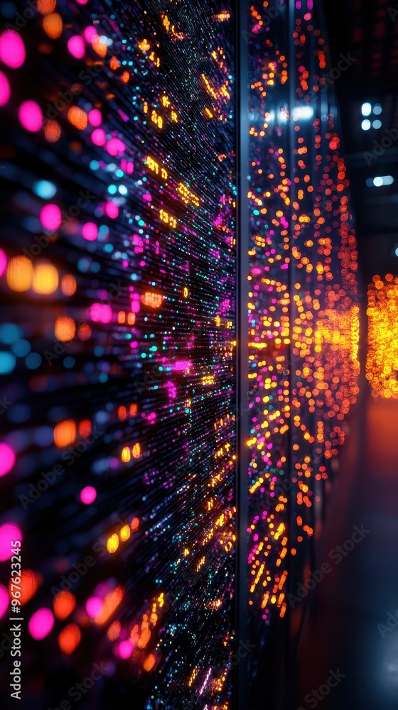 Poster abstract image of colorful lights on server racks in a data center, representing digital technology 
