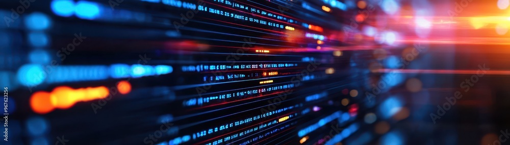 Poster abstract image of futuristic digital data code flowing in a neon-lit environment, representing techn