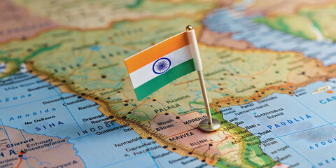 of map of India with flag pin , India, travel, map, flag, pin, destination, tourism, national, symbol, landmark