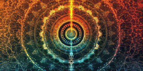 A hypnotic, swirling mandala in bright rainbow colors with intricate line work and patterns, symbolizing spiritual enlightenment and self-discovery