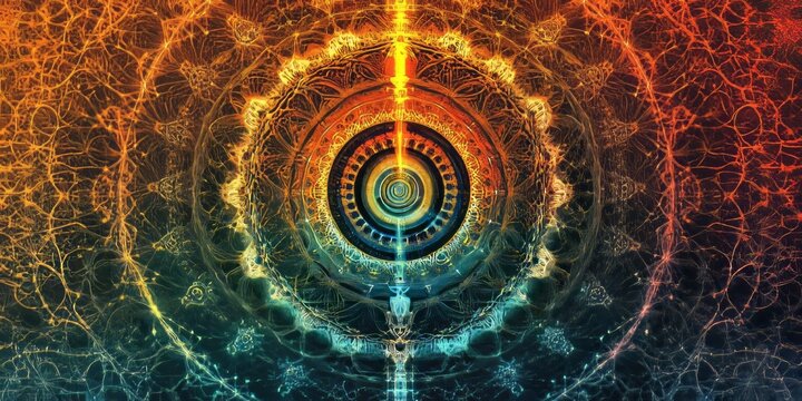 A hypnotic, swirling mandala in bright rainbow colors with intricate line work and patterns, symbolizing spiritual enlightenment and self-discovery