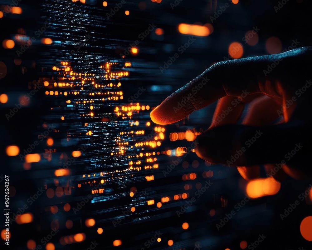 Aufkleber close-up of a hand interacting with digital data interface, illuminated by bright orange and blue li