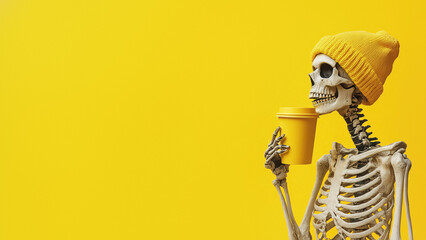 Skeleton in yellow beanie seen from the side
