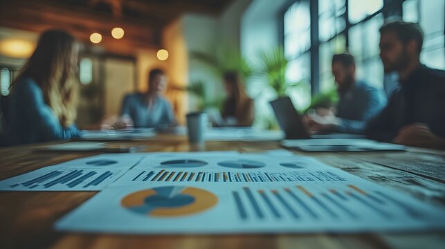 A collaborative corporate meeting with team members reviewing graphs, charts, and reports, emphasizing professional teamwork and discussion.