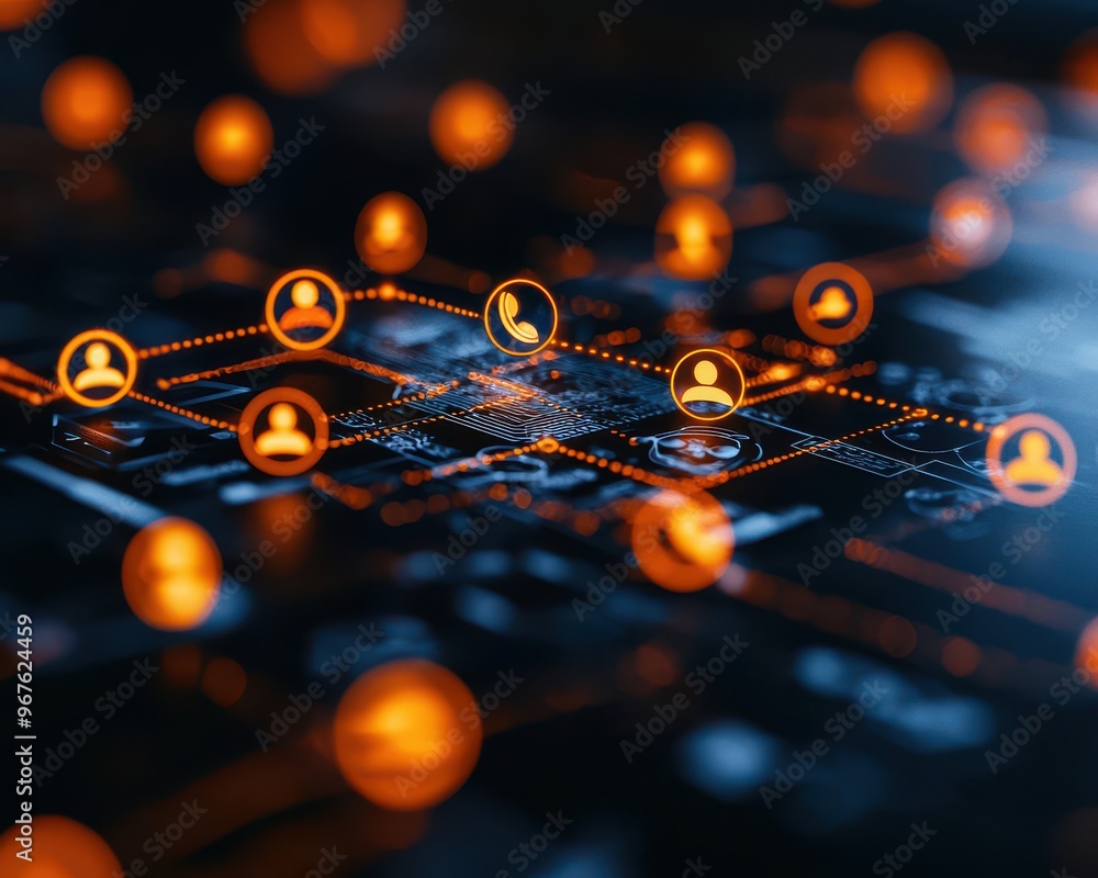 Fototapete close-up of digital network connections with orange icons representing communication and data sharin